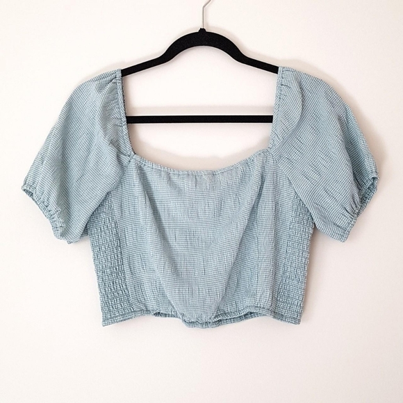 Forever 21 Tops - Teal and White Gingham Square Neck Crop Top